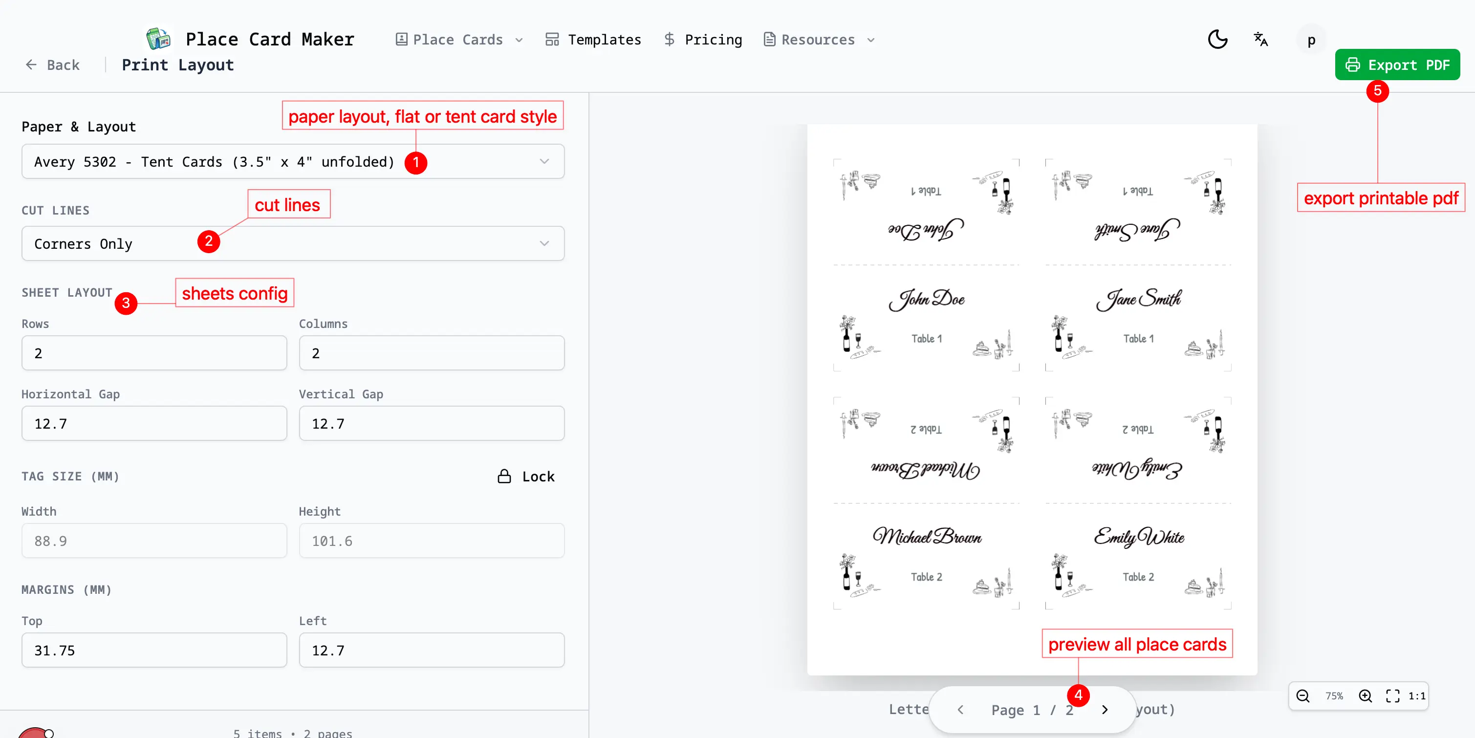 Configure printable place cards settings