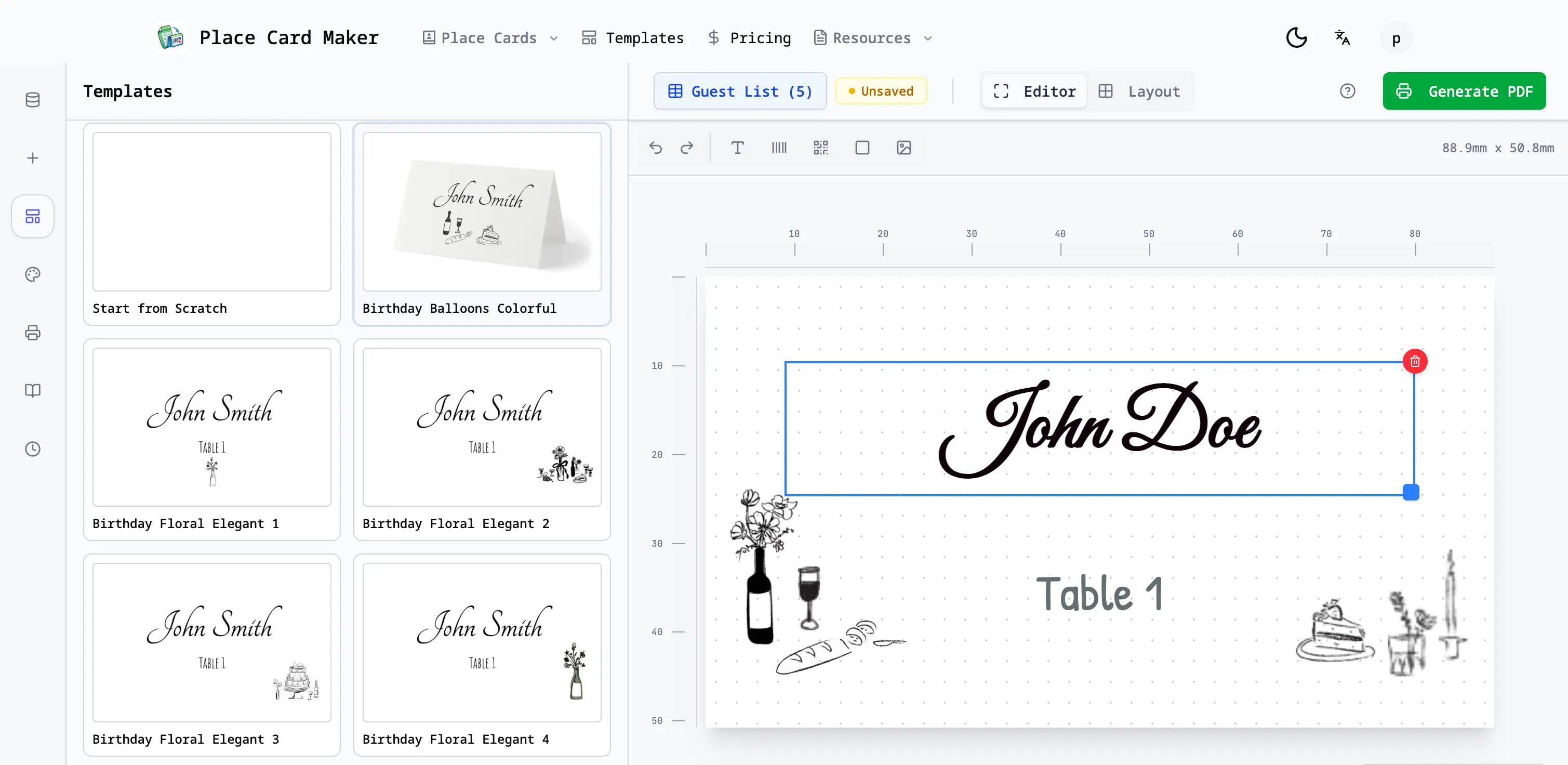place card editor workspace