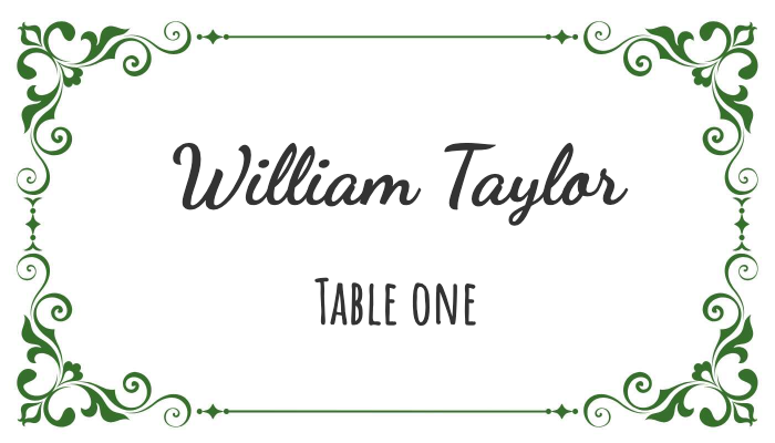 Vintage-style place card with ornate frame and calligraphy for William Taylor