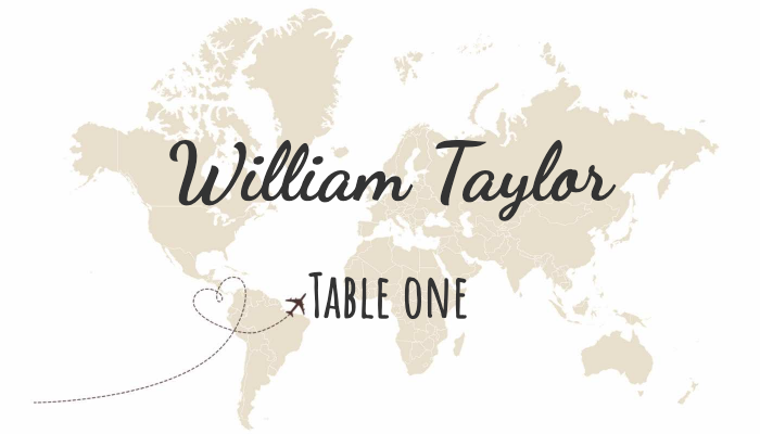 Premium wedding place card with elegant script and floral accents for William Taylor