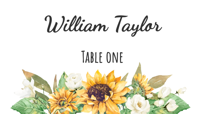 Free simple white place card with black text for William Taylor