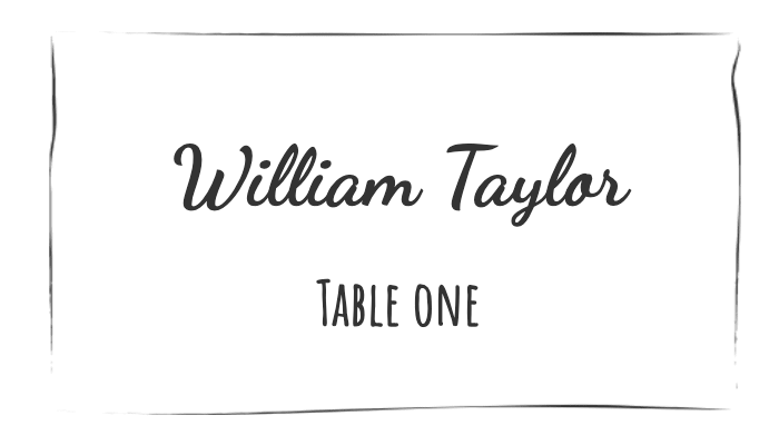 Sophisticated black square place card with white text for William Taylor