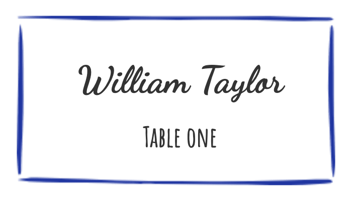 Sleek blue square place card with white text for William Taylor