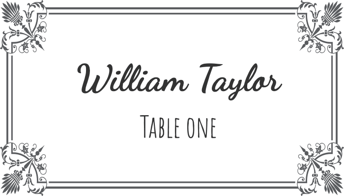 Flourish-style bordered place card with decorative flourishes for William Taylor