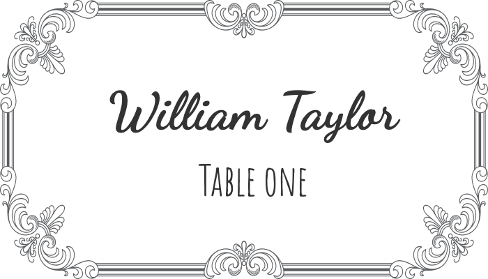 Flourish-style bordered place card with ornamental edge design for William Taylor