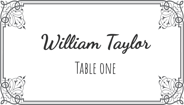 Flourish-style bordered place card with elegant border pattern for William Taylor