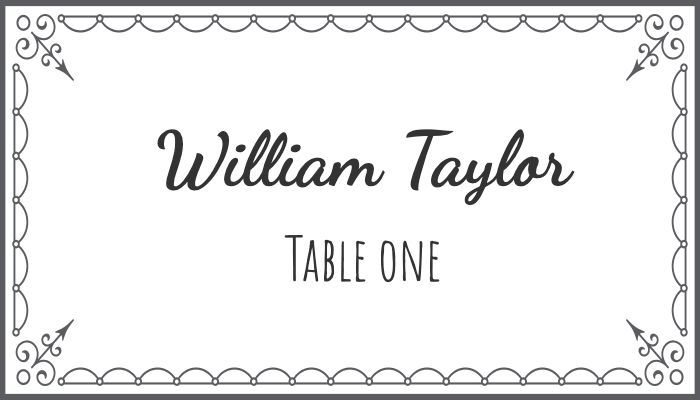 Flourish-style bordered place card with artistic frame design for William Taylor