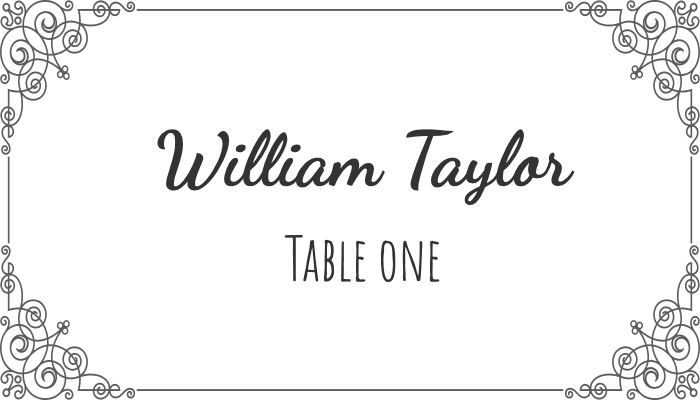 Flourish-style bordered place card with intricate border motifs for William Taylor