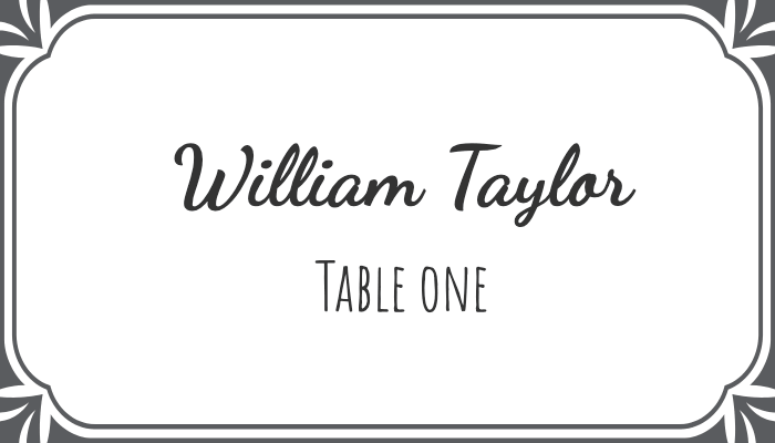 Flourish-style bordered place card with decorative elements for William Taylor