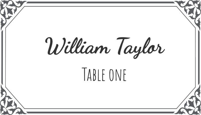 Flourish-style bordered place card with decorative edge pattern for William Taylor