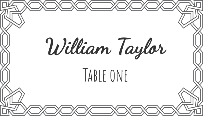 Flourish-style bordered place card with elegant framed design for William Taylor