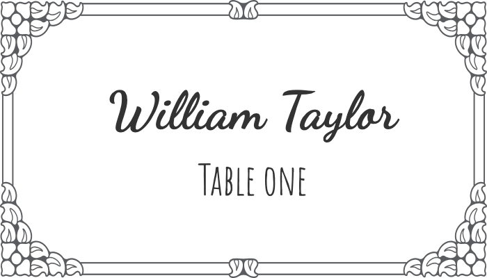 Flourish-style bordered place card with ornate details for William Taylor