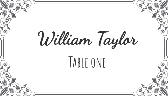 Flourish-style bordered place card with artistic border design for William Taylor