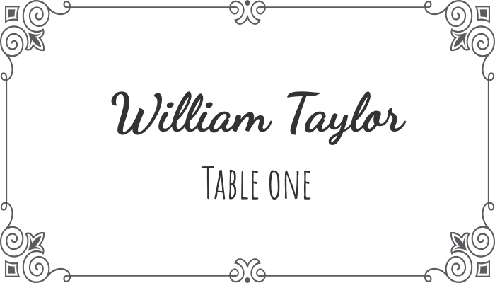 Flourish-style bordered place card with sophisticated edge pattern for William Taylor