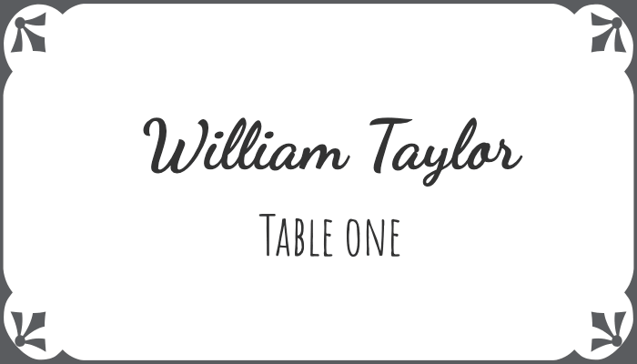 Flourish-style bordered place card with intricate corner designs for William Taylor