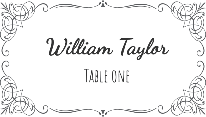 Flourish-style bordered place card with elegant swirl patterns for William Taylor