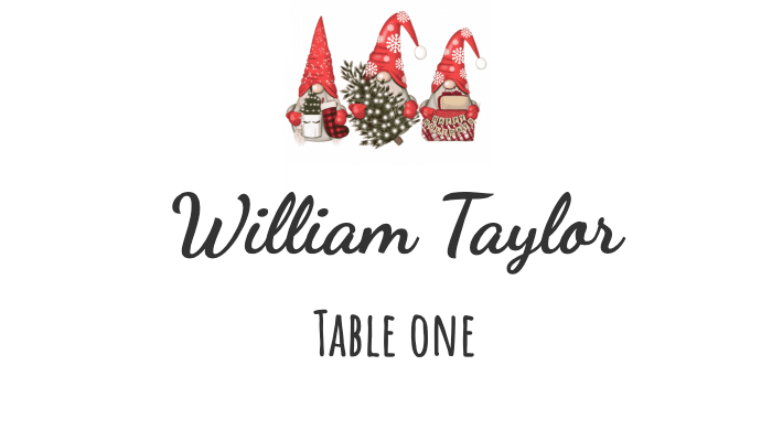 Christmas-themed place card with holly and berry design for Table One