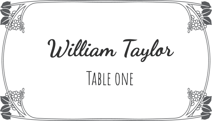 Flourish-style framed seating card with decorative elements for William Taylor