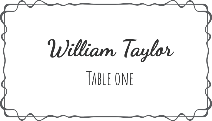 Flourish-style framed seating card with intricate frame details for William Taylor