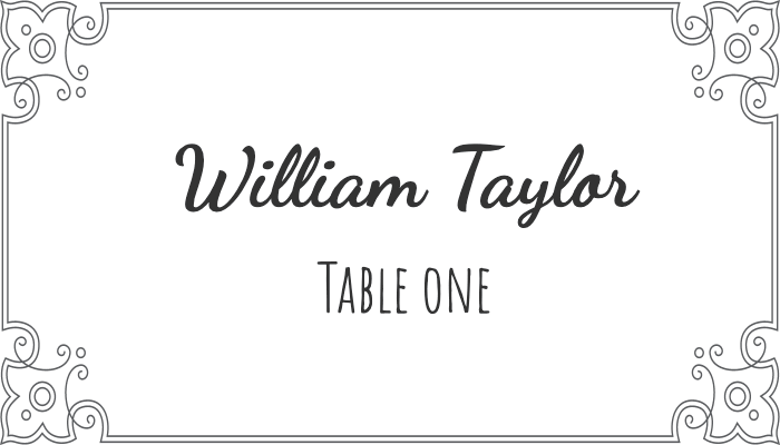 Flourish-style framed seating card with ornamental border design for William Taylor