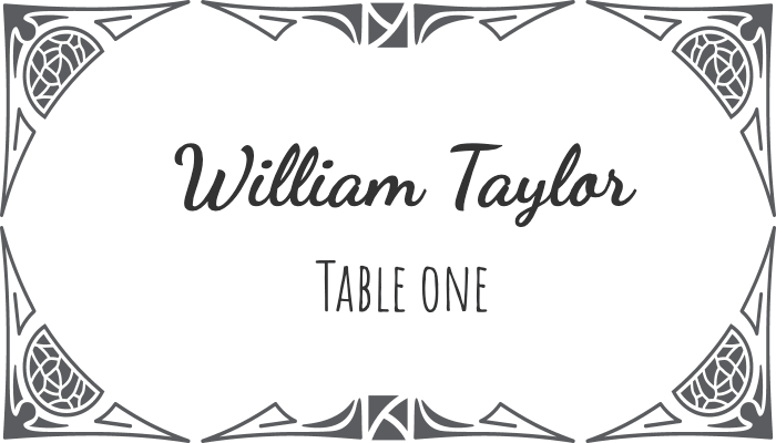 Flourish-style framed seating card with elegant border motifs for William Taylor