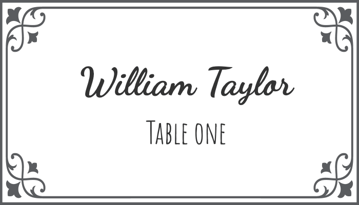 Flourish-style framed seating card with sophisticated border design for William Taylor