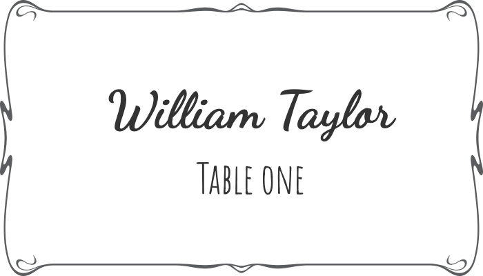 Flourish-style framed seating card with decorative edge design for William Taylor