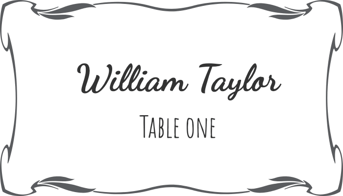 Flourish-style framed seating card with ornate frame pattern for William Taylor