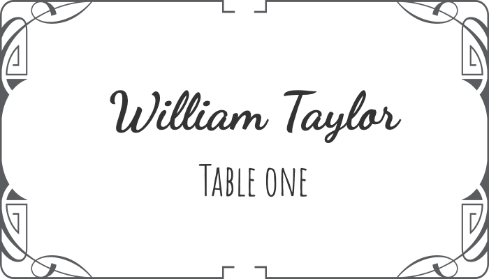 Flourish-style framed seating card with elegant frame design for William Taylor