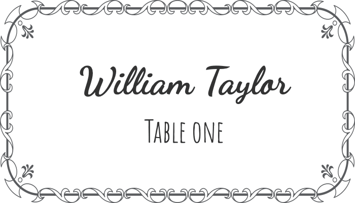 Flourish-style framed seating card with artistic border motifs for William Taylor