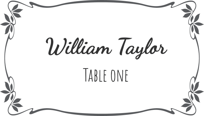 Flourish-style framed seating card with ornate border for William Taylor