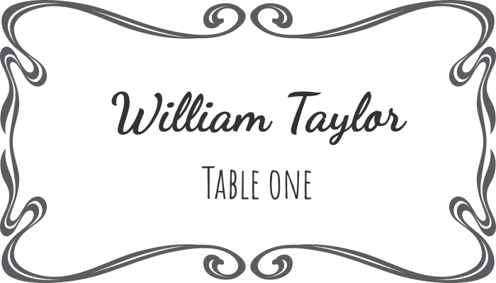 Flourish-style framed seating card with intricate frame pattern for William Taylor