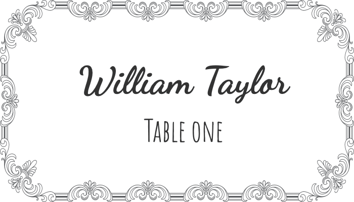 Flourish-style framed seating card with decorative border design for William Taylor