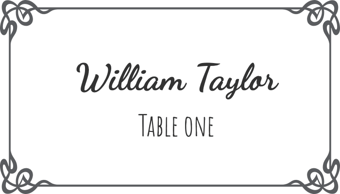 Flourish-style framed seating card with artistic border pattern for William Taylor