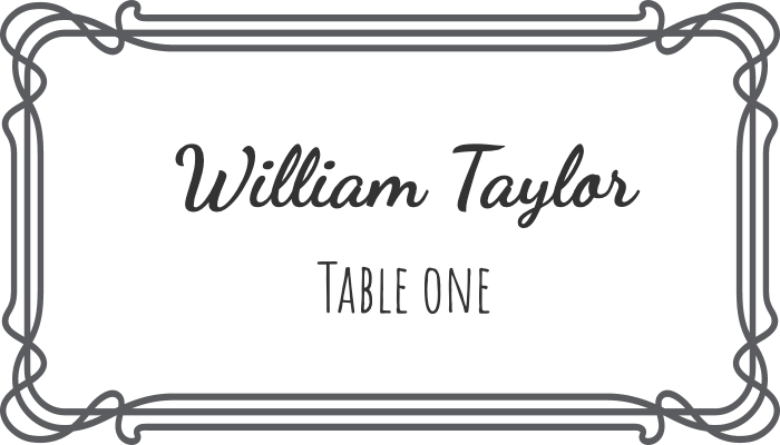 Flourish-style framed seating card with decorative edge pattern for William Taylor