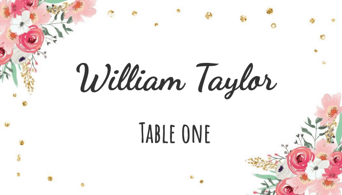 Romantic wedding place card with floral wreath design 