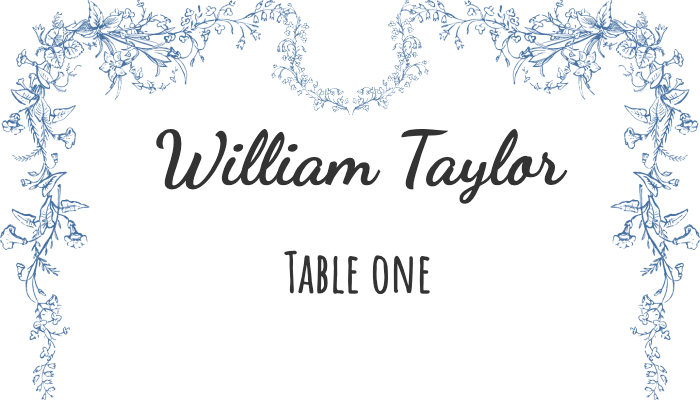 Elegant place card with blue text and delicate floral pattern for William Taylor