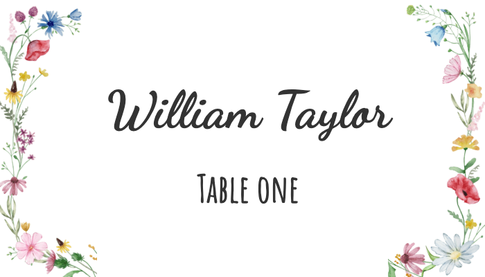 Vibrant place card with colorful wildflower design for William Taylor