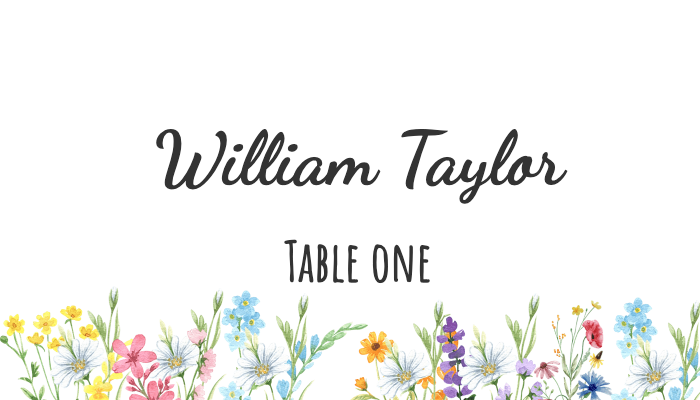 Elegant place card with lavender floral border for William Taylor