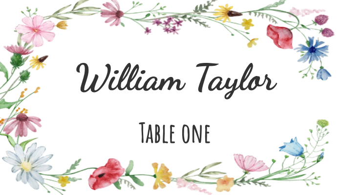 Elegant place card with blue hydrangea watercolor design for William Taylor