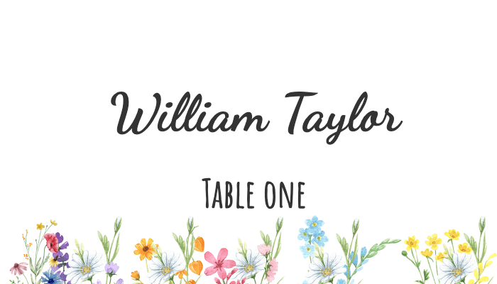 Whimsical place card with colorful flower bouquet illustration 