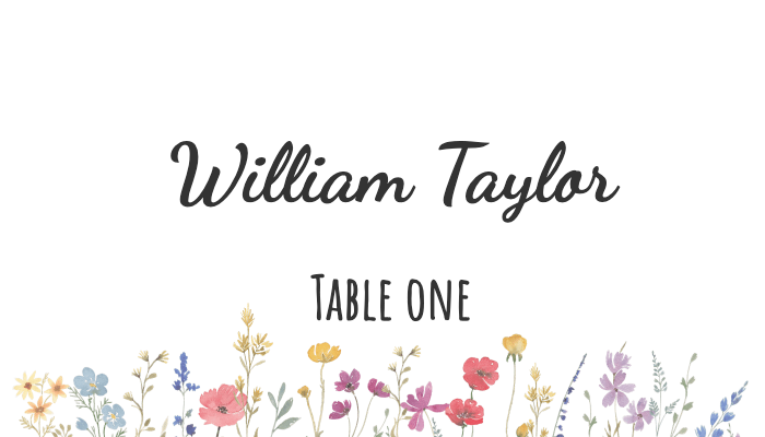 Elegant white place card with gold border and sophisticated typography for William Taylor