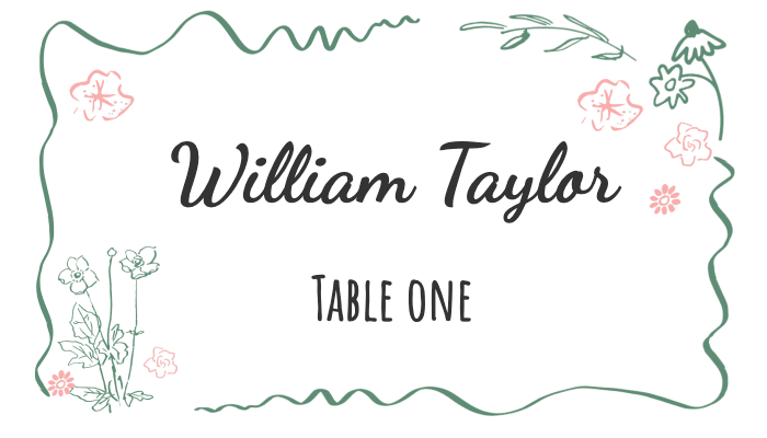 White place card with green text and decorative leaf elements for William Taylor