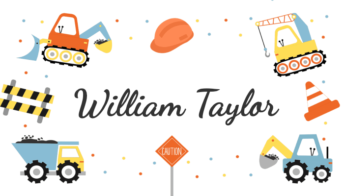 Cheerful birthday place card with party hat and confetti design for William Taylor