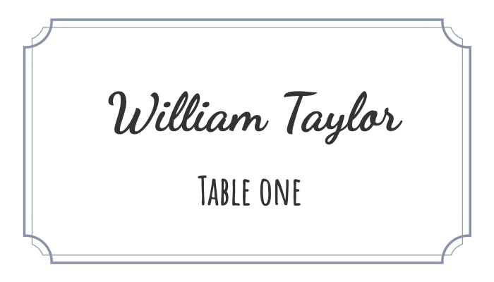 Rustic brown place card with white text for William Taylor, featuring a weathered wood background