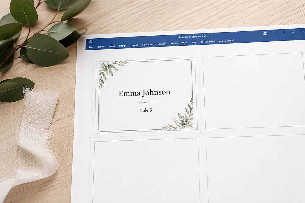 First place card designed in Word before inserting merge fields