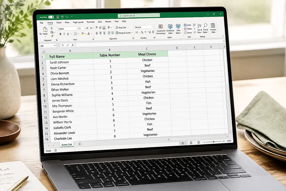 Excel guest list prepared for a Microsoft Word place card mail merge
