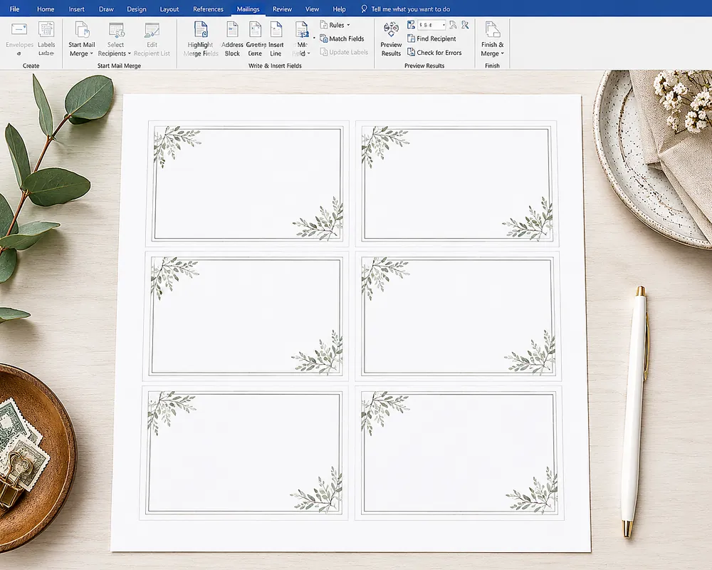 Microsoft Word place card label layout ready for mail merge