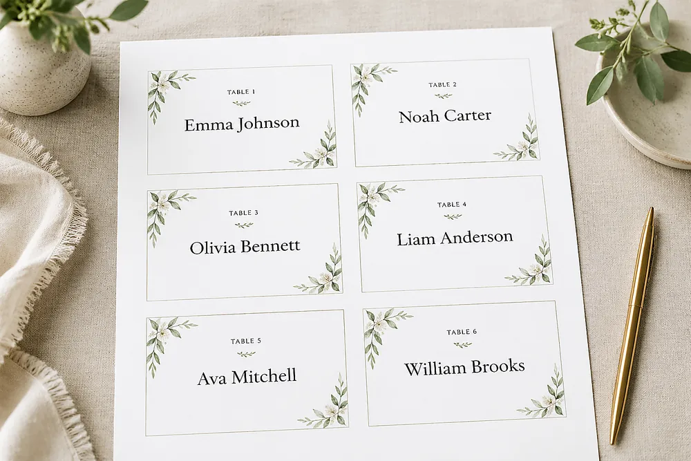 Preview of merged guest names on a Word place card sheet