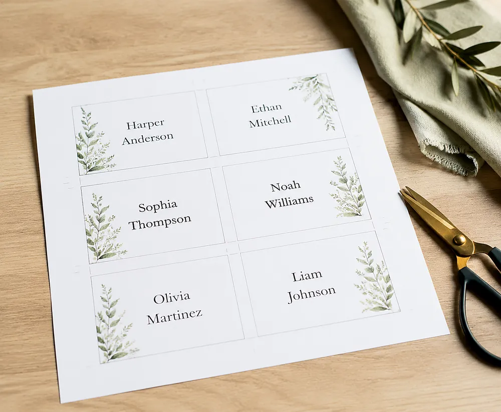 Printed place card sheet ready to cut after Word mail merge
